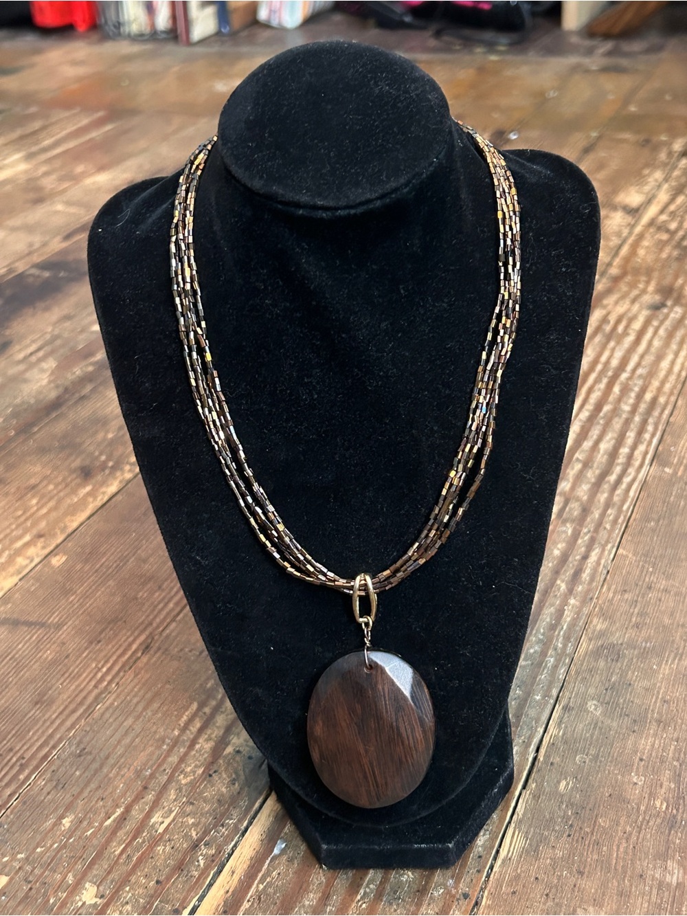 Handmade Vtg Multi-Strand Brown Faceted Wood Pendant Boho Beaded Necklace